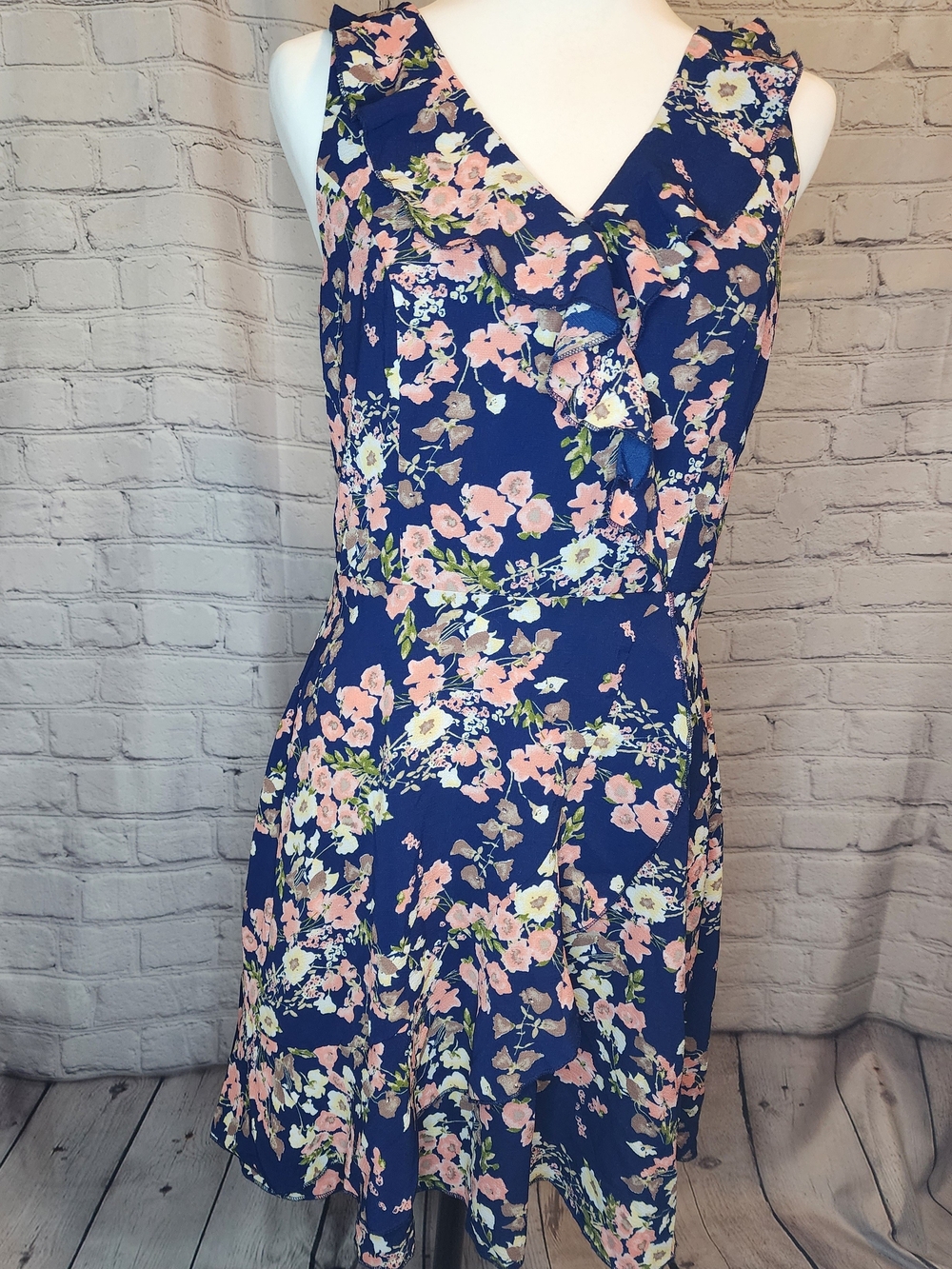 Teeze Me Navy Floral V-Neck Ruffle Midi Dress